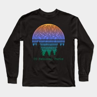 National Parks List Word Cloud Sunset Trees Men Women Kids Long Sleeve T-Shirt